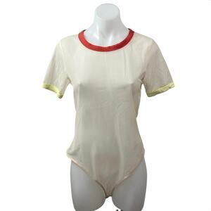 Forever 21 Women's Cream Red Short Sleeve Round Neck T Shirt Bodysuit Top Sz L